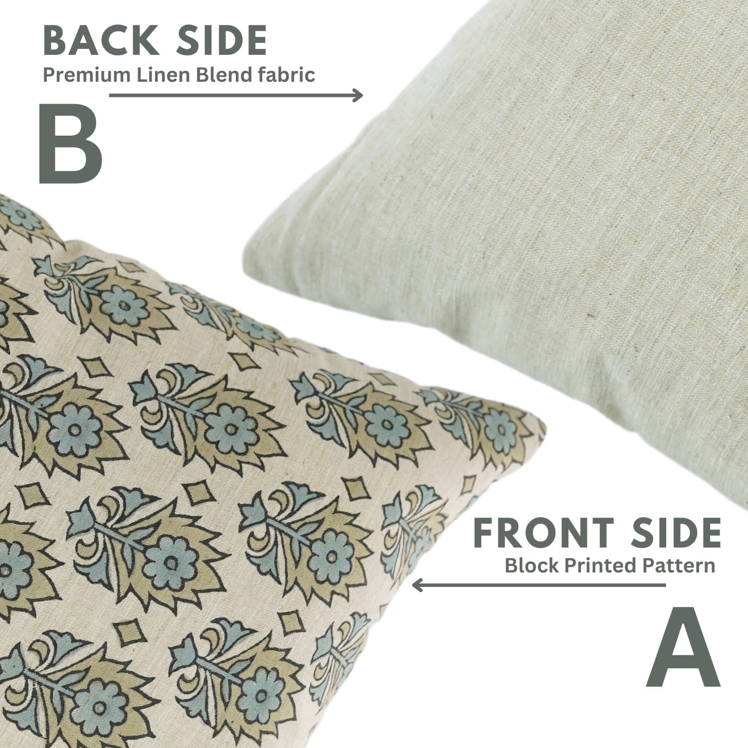 Two pillows showing front and back sides with floral pattern and plain fabric.