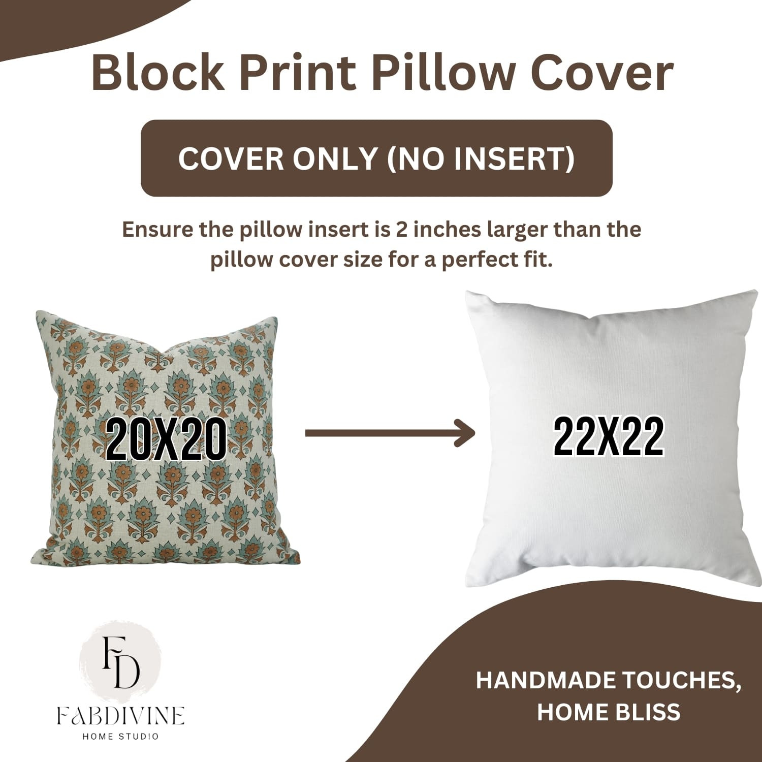 Handblock print Kusum cushion cover by Fab Divine, showing size dimensions on pure linen fabric