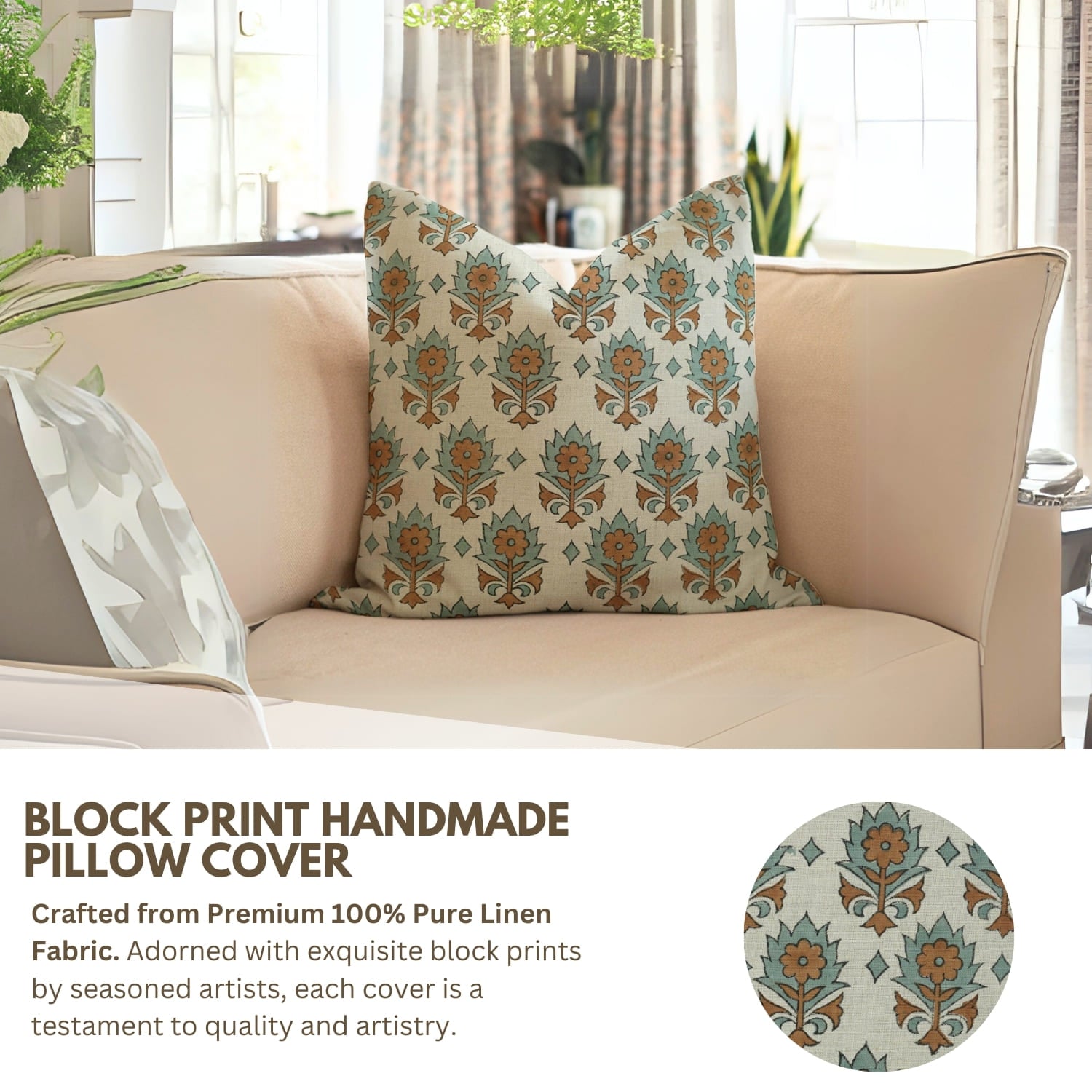 Decorative pillow on a beige sofa with block print Kusum cushion cover by Fab Divine