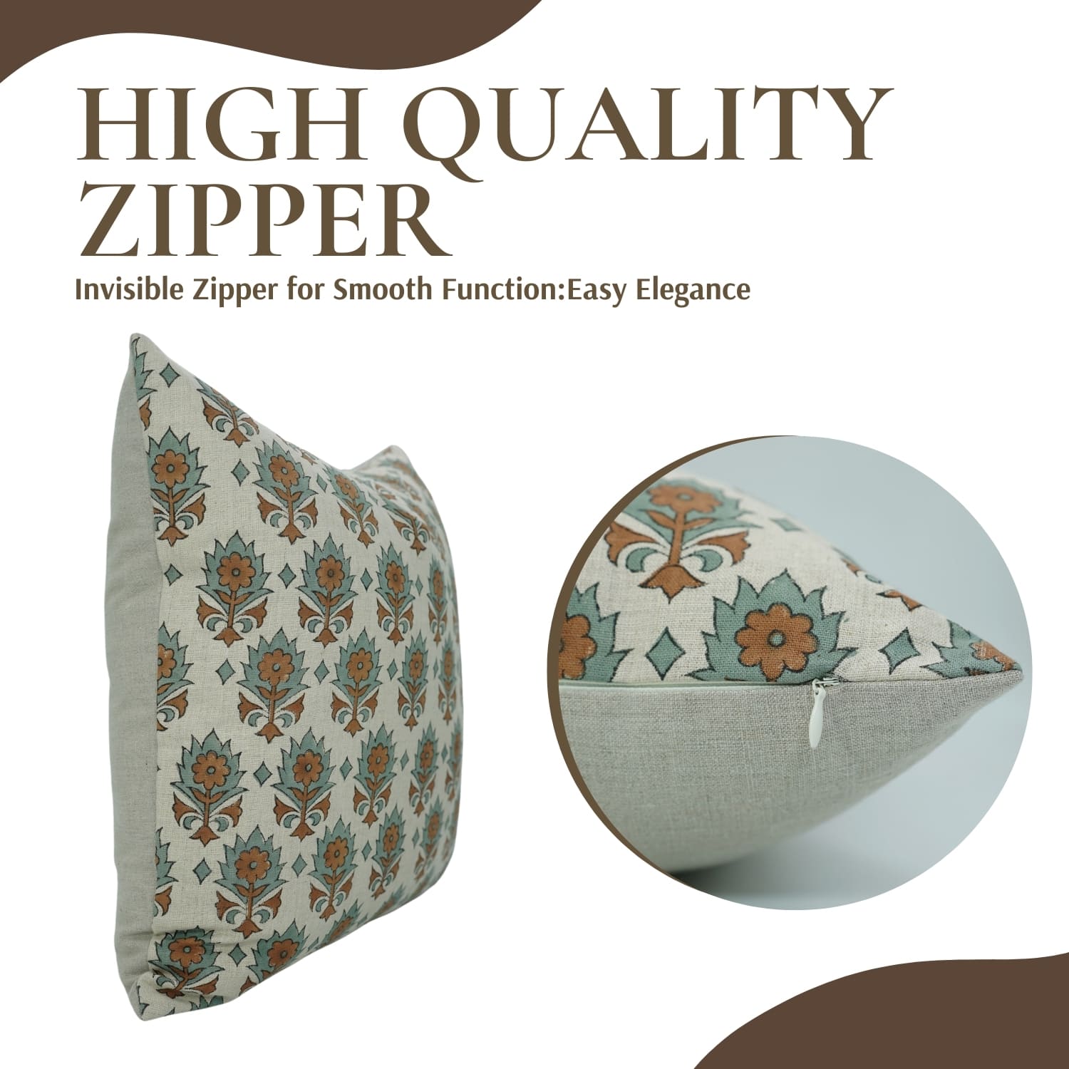 Decorative pillow with a zipper and floral pattern on a white background with  handblock print Kusum  by Fab Divine.