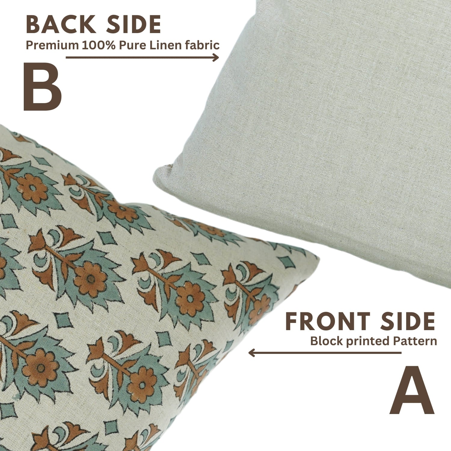 Two pillows showing front and back sides with floral pattern in Kusum design  and plain fabric.