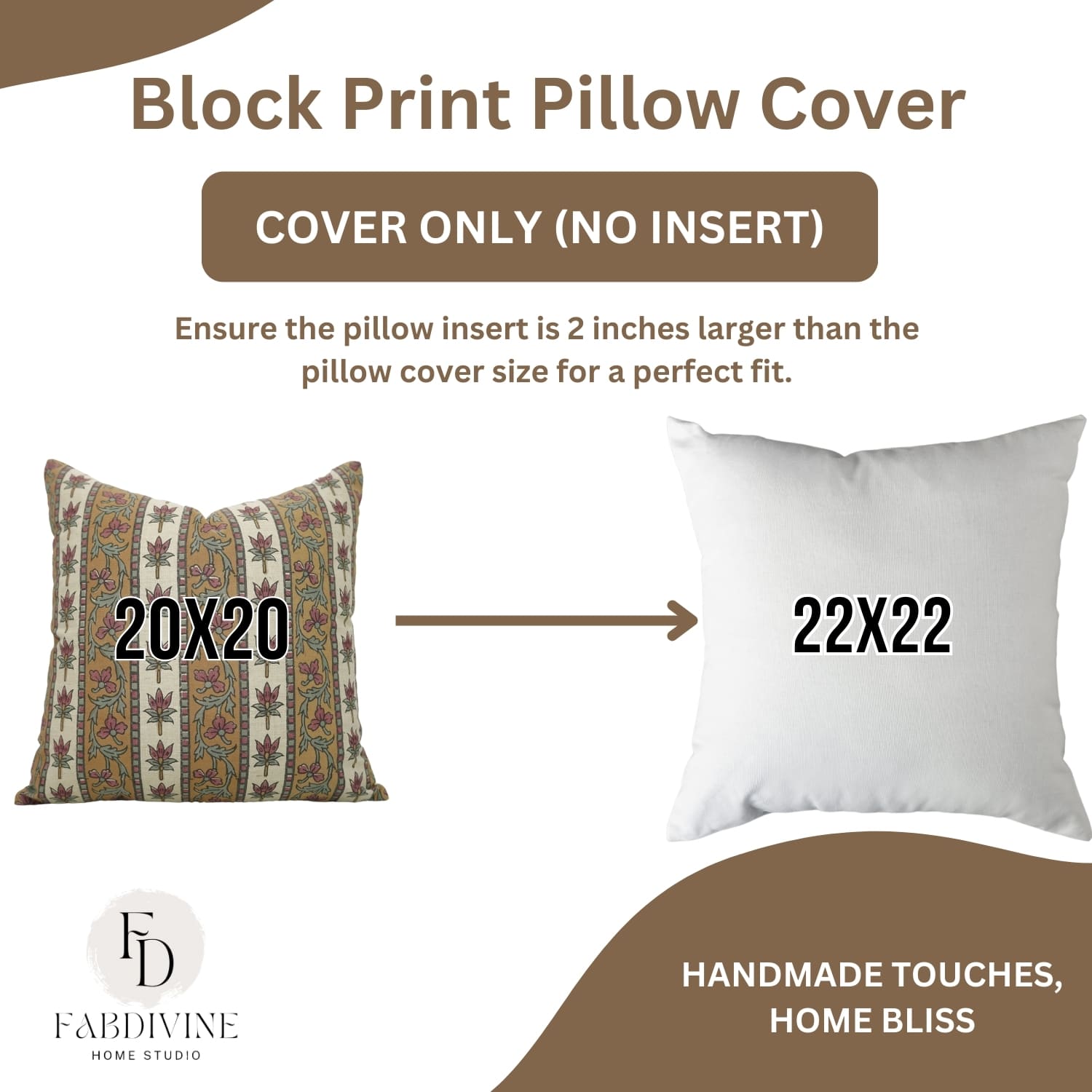 Block print pillow cover with size information and FabDivine logo.