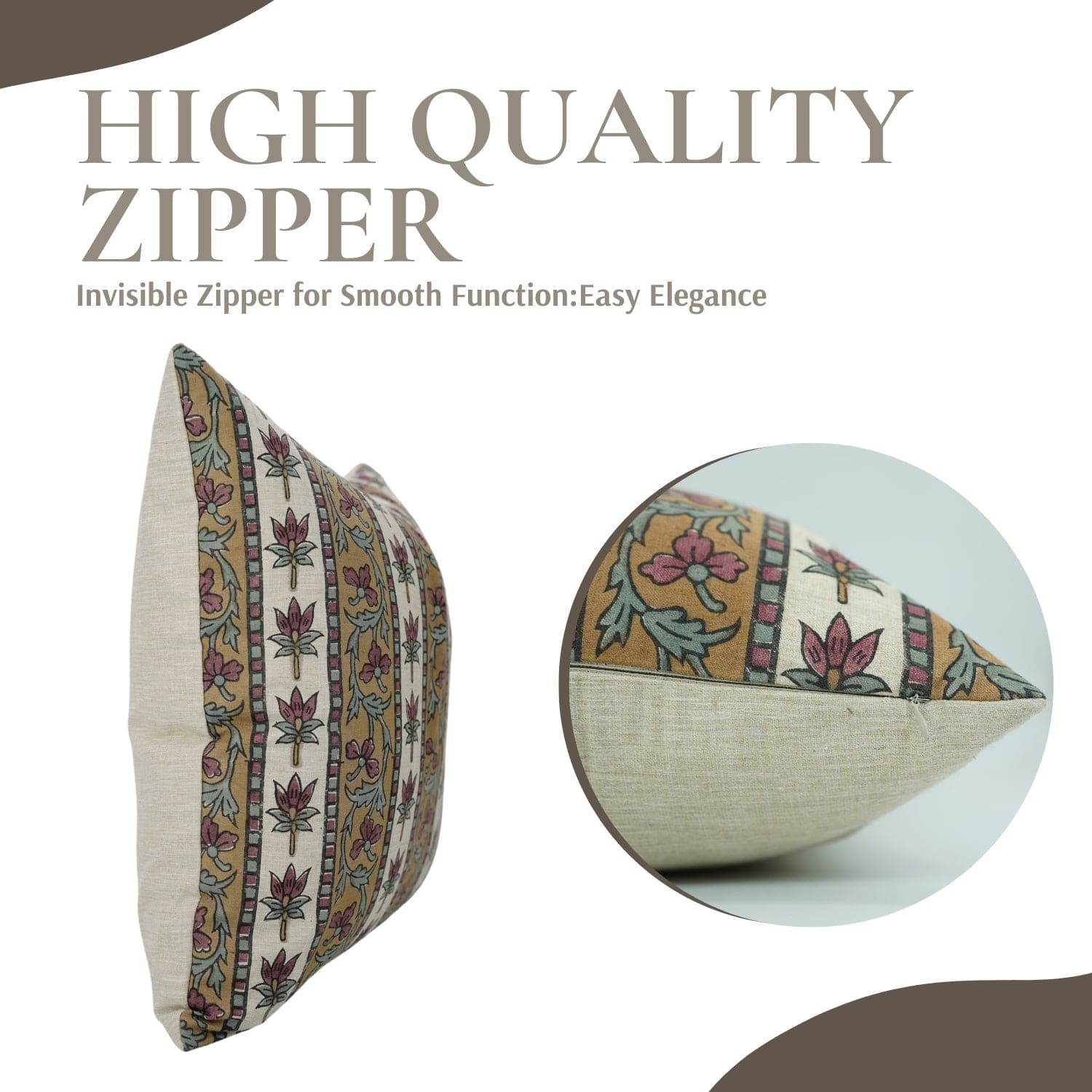Decorative pillow with floral pattern and text about high-quality zipper

