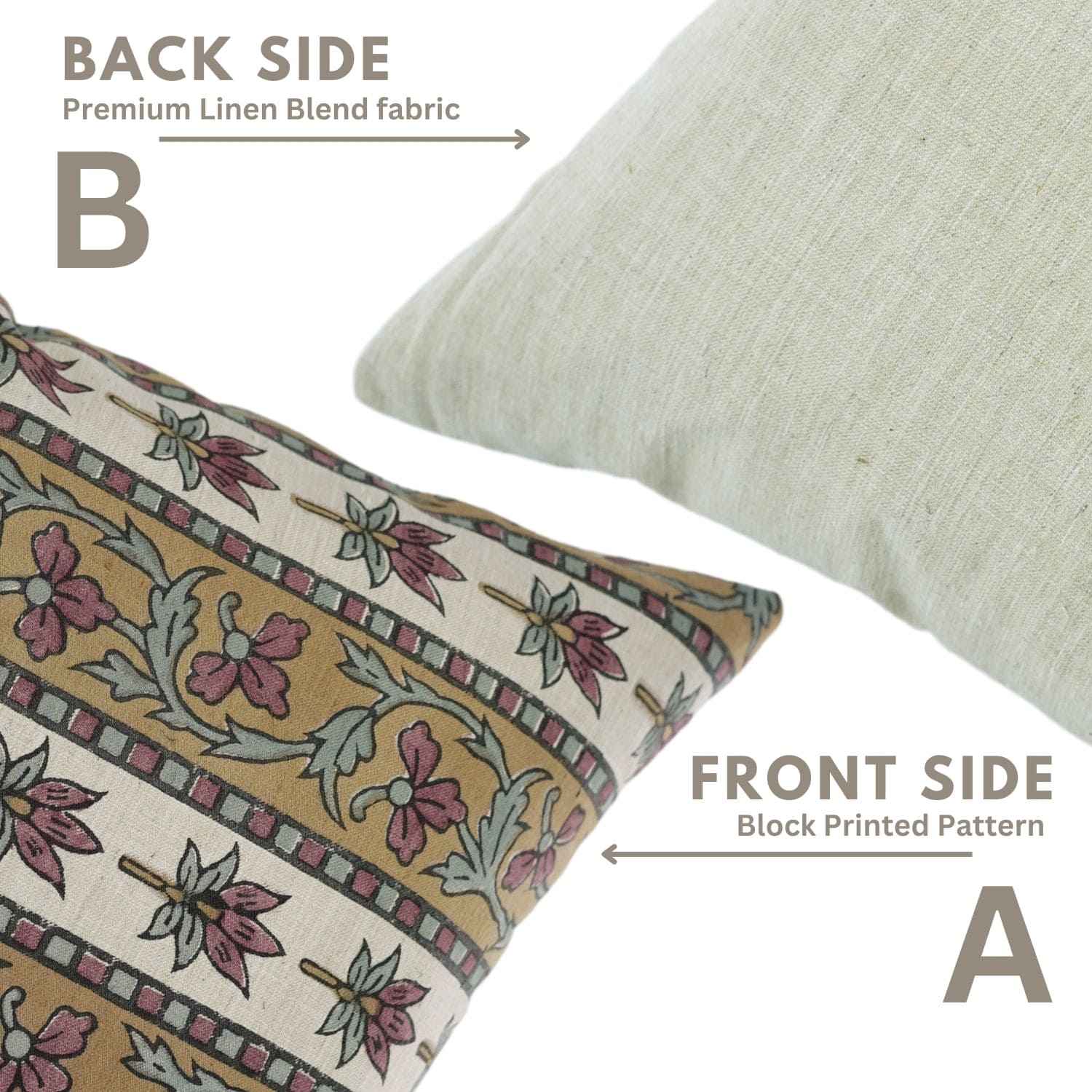 Two pillows showing front and back sides with floral pattern and plain fabric.

