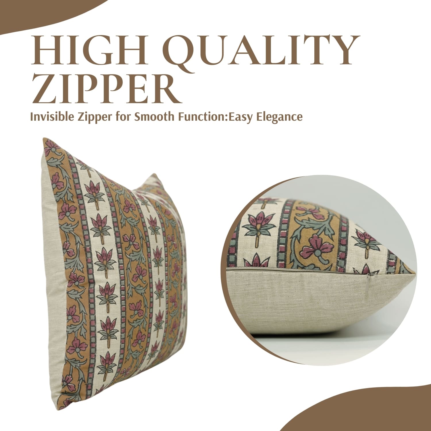 Decorative pillow with floral pattern and text about high-quality zipper