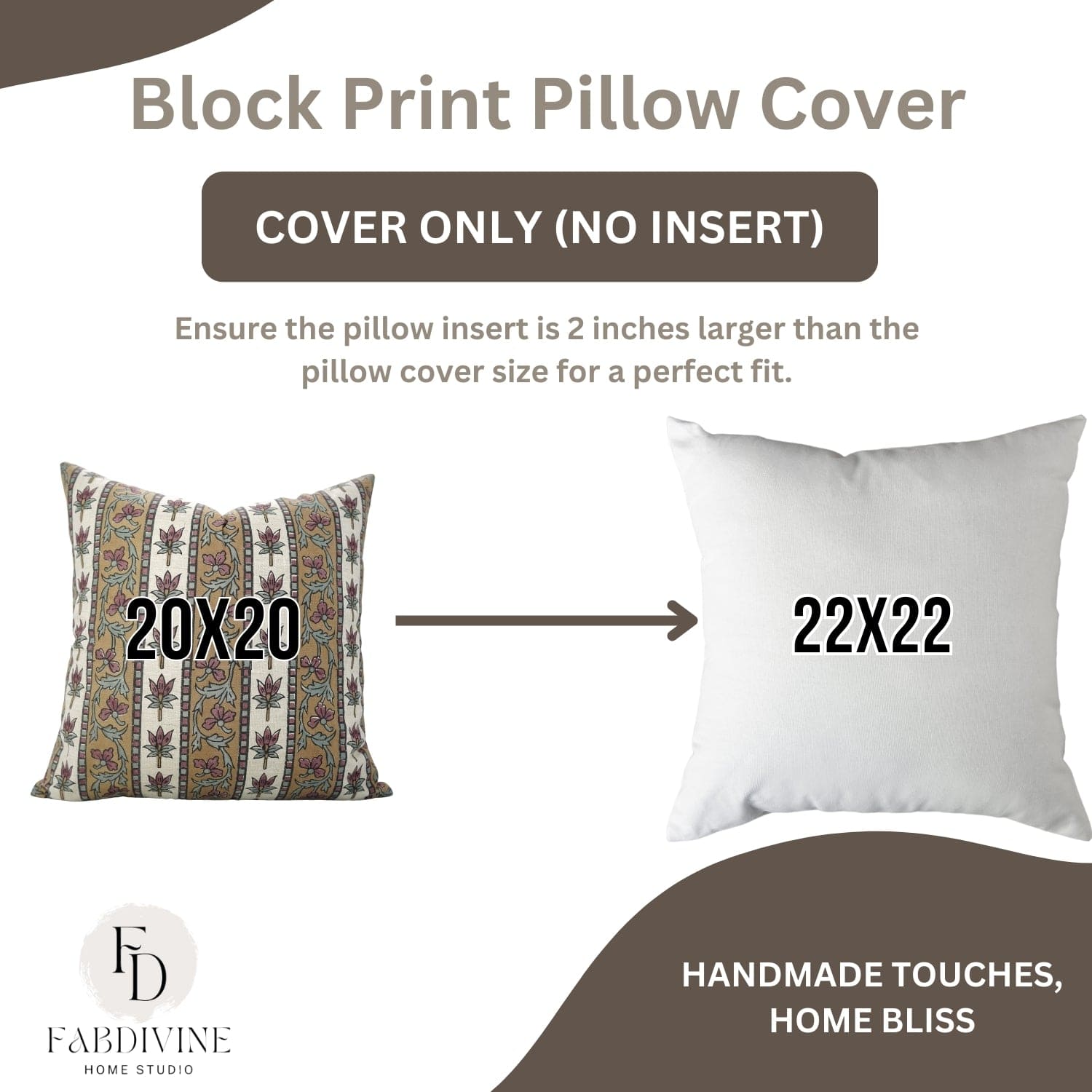 Block print pillow cover with measurements and FabDivine branding