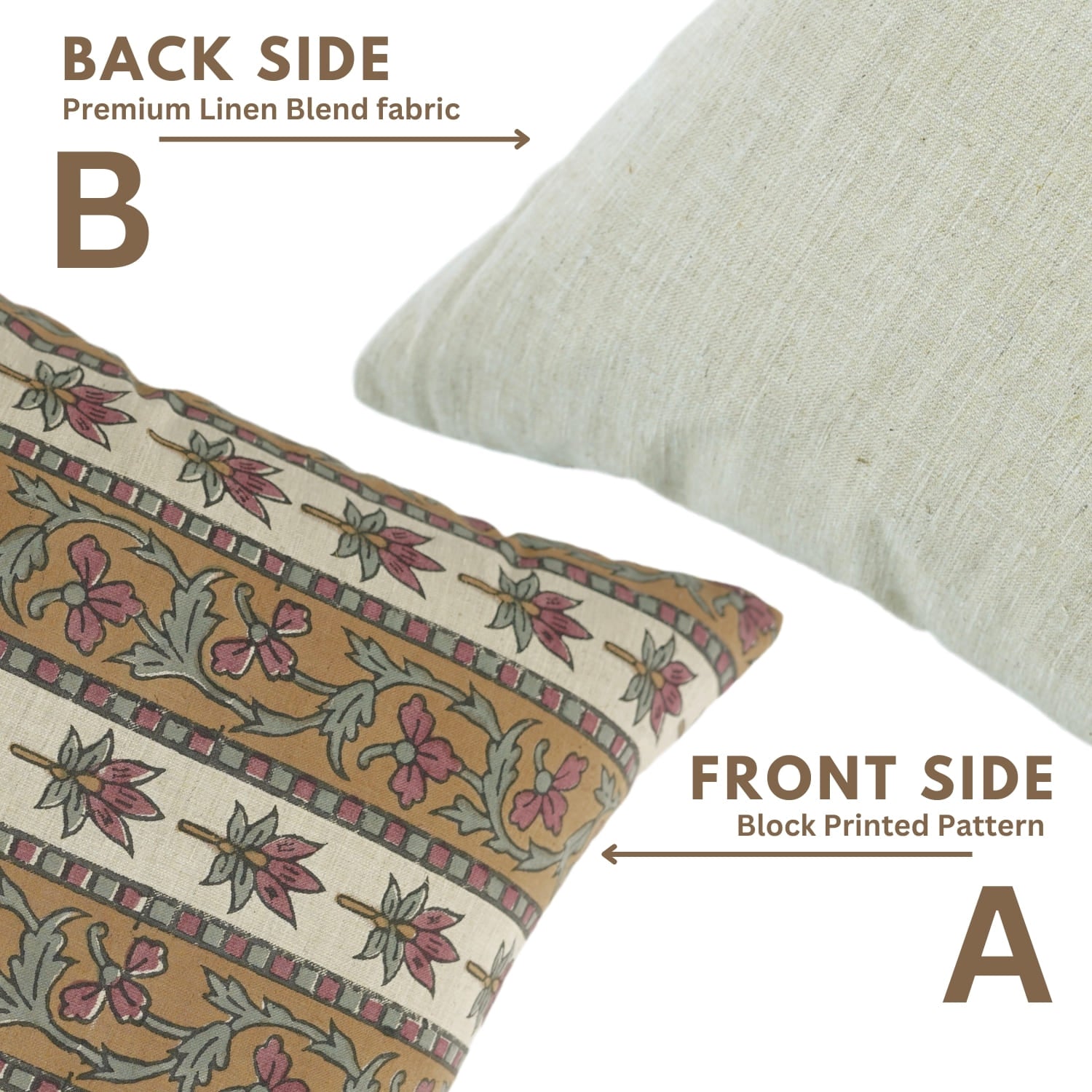 Two pillows showing front and back sides with text indicating fabric type.
