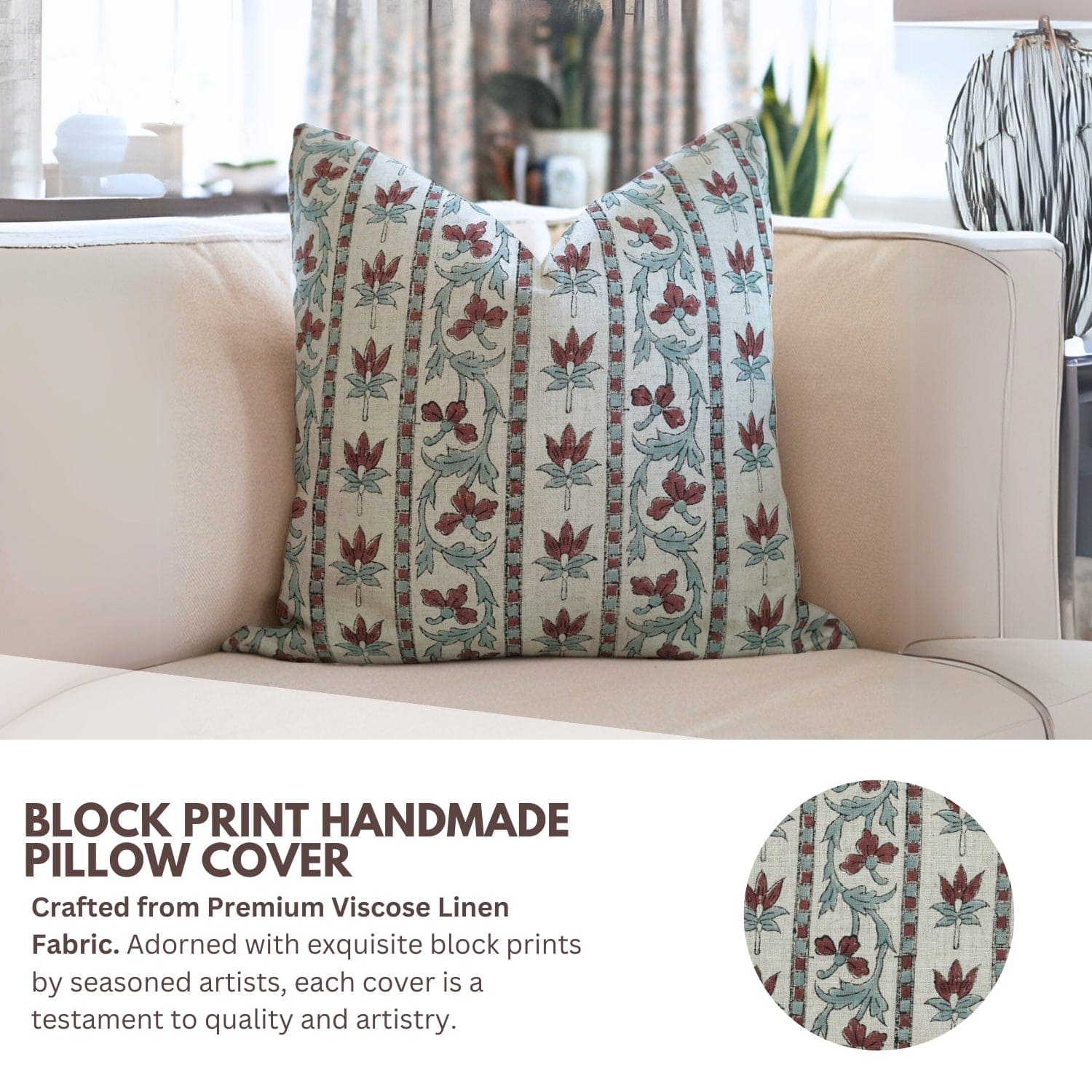 Decorative handblock print Sandhya Pushp cushion cover, showing complete pillow with pattern and fabric