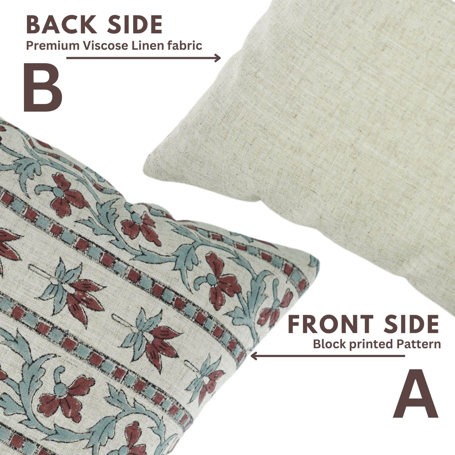 Fab Divine artisan handblock print pillow cover in Sandhya Pushp design, displaying both patterned and plain sides