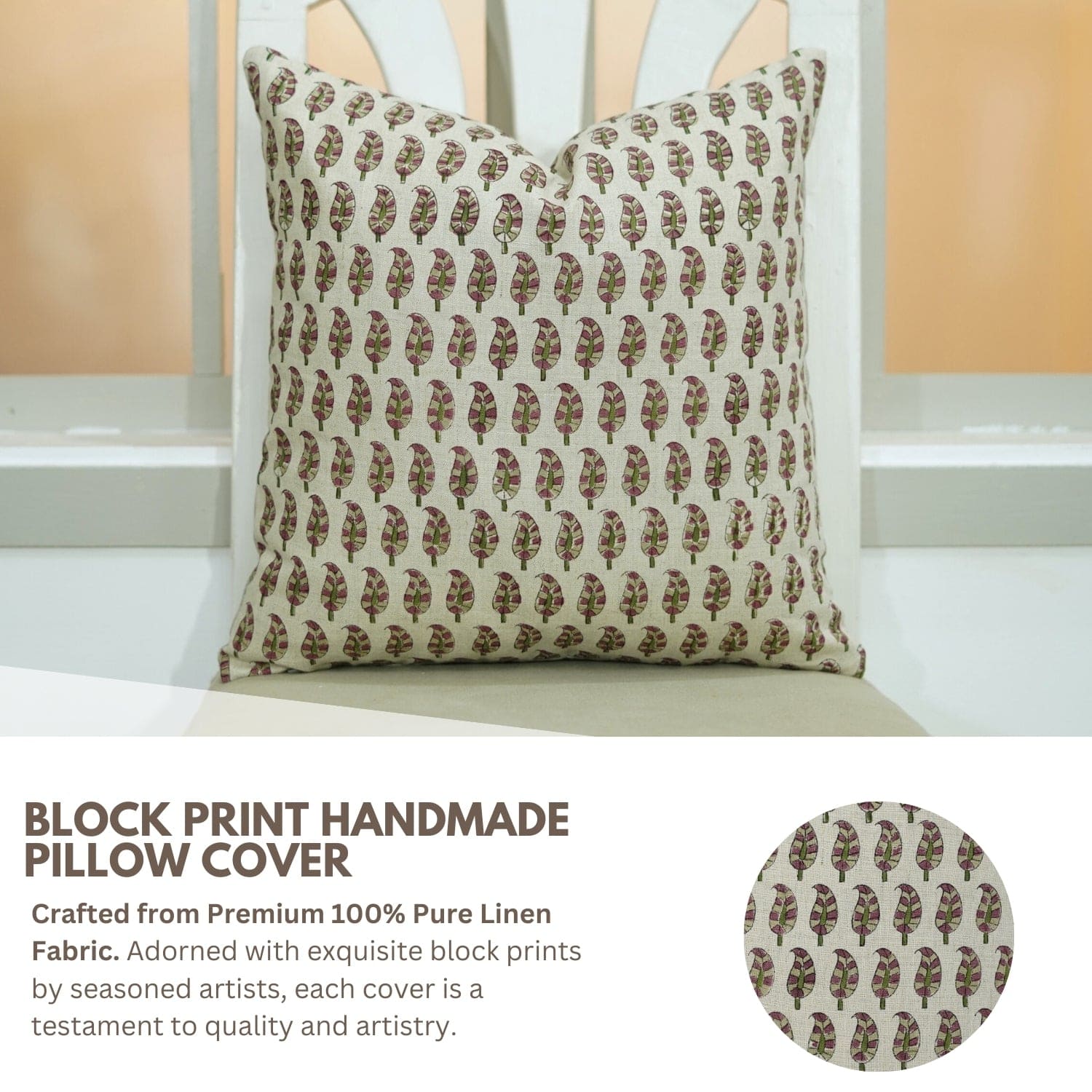 Full view of Fab Divine Lil Paisley handblock print pillow  with decorative home décor setup