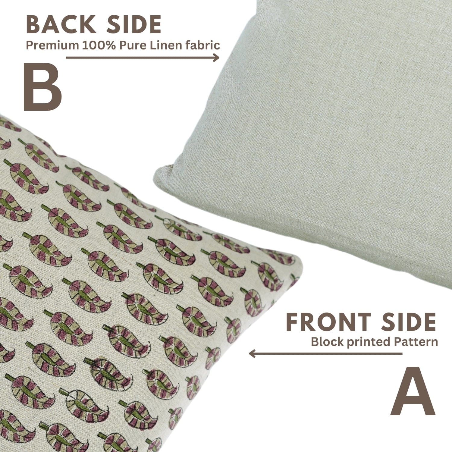 Fab Divine handblock print pillow cover in Lil Paisley design, front and back views on pure linen fabric