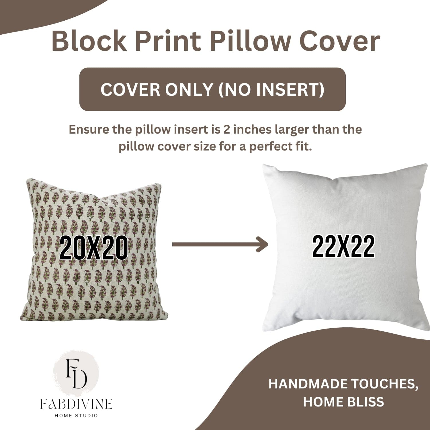 Handblock print Lil Paisley cushion cover by Fab Divine, showing size dimensions on pure linen fabric