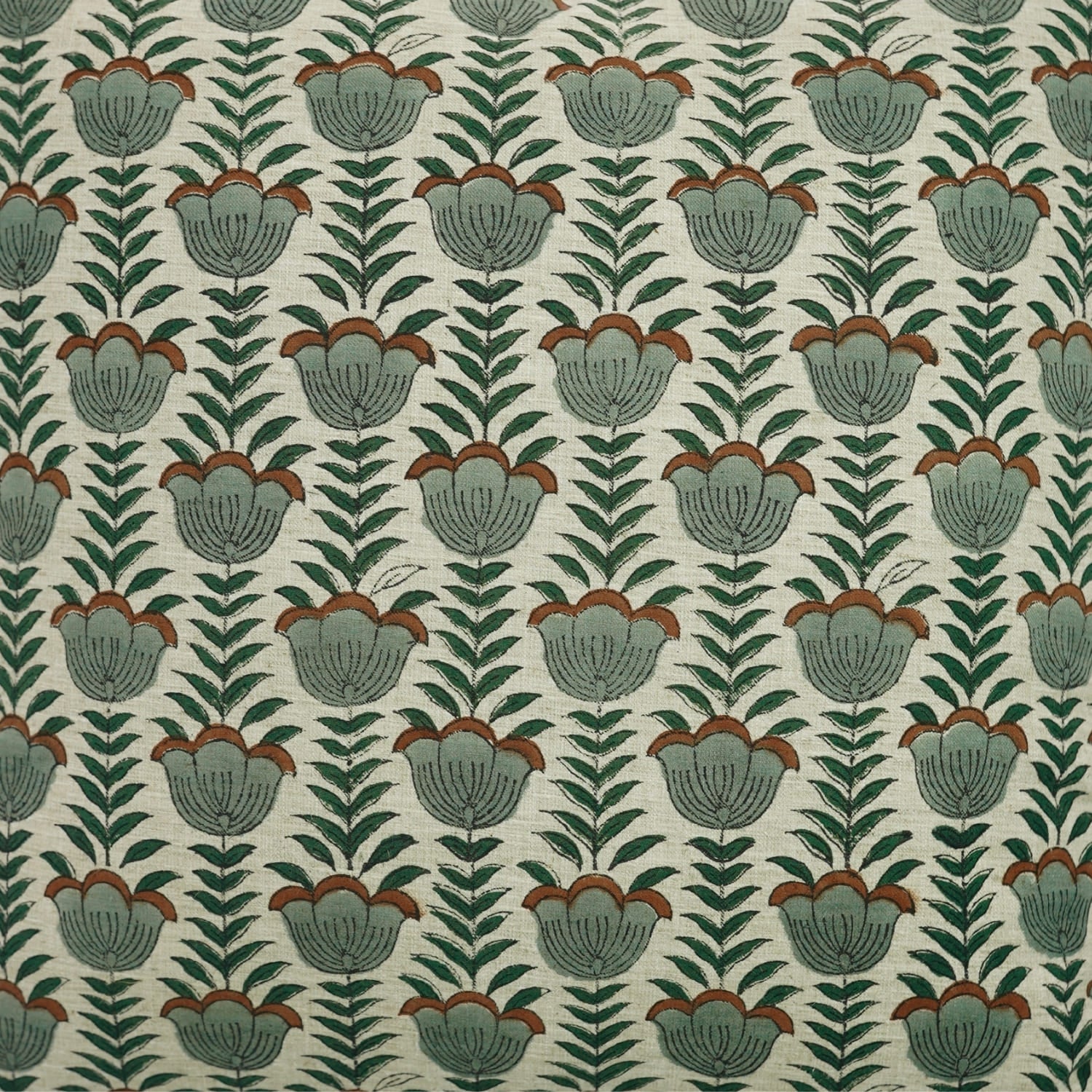 Hand block printed lotus design cushion cover made from linen blend fabric by Fabdivine