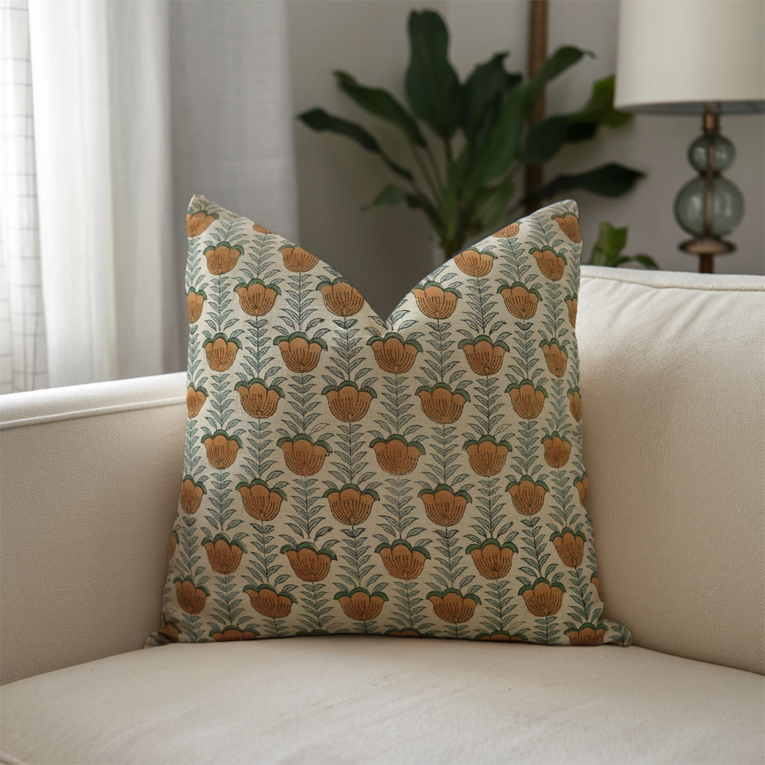 Front view of Fab Divine artisan handblock print Lotus pillow cover 