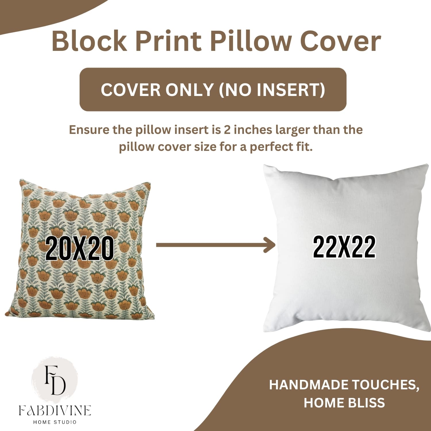 Decorative handblock print Lotus cushion cover, showing size on linen blend fabric