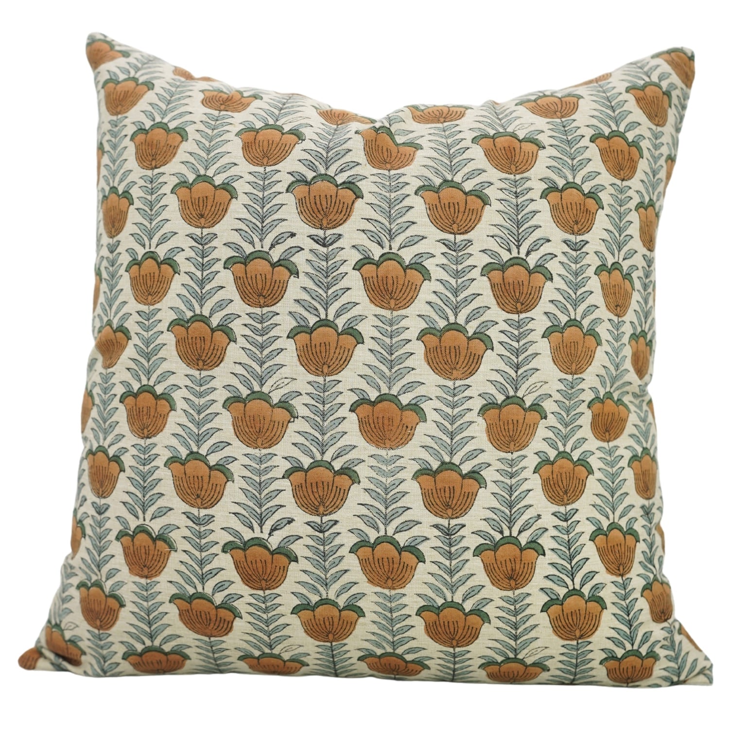 Fab Divine artisan handblock print pillow cover featuring Lotus pattern on linen blend