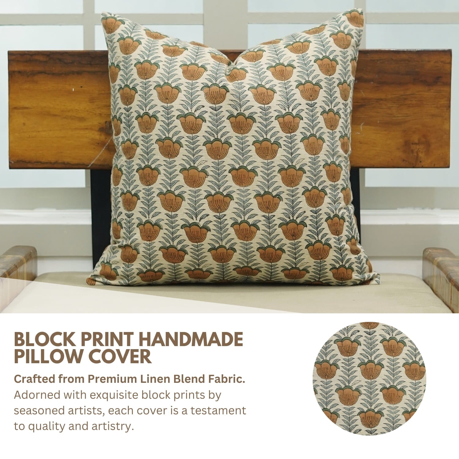 Fab Divine artisan handblock print pillow cover featuring Lotus pattern on linen blend