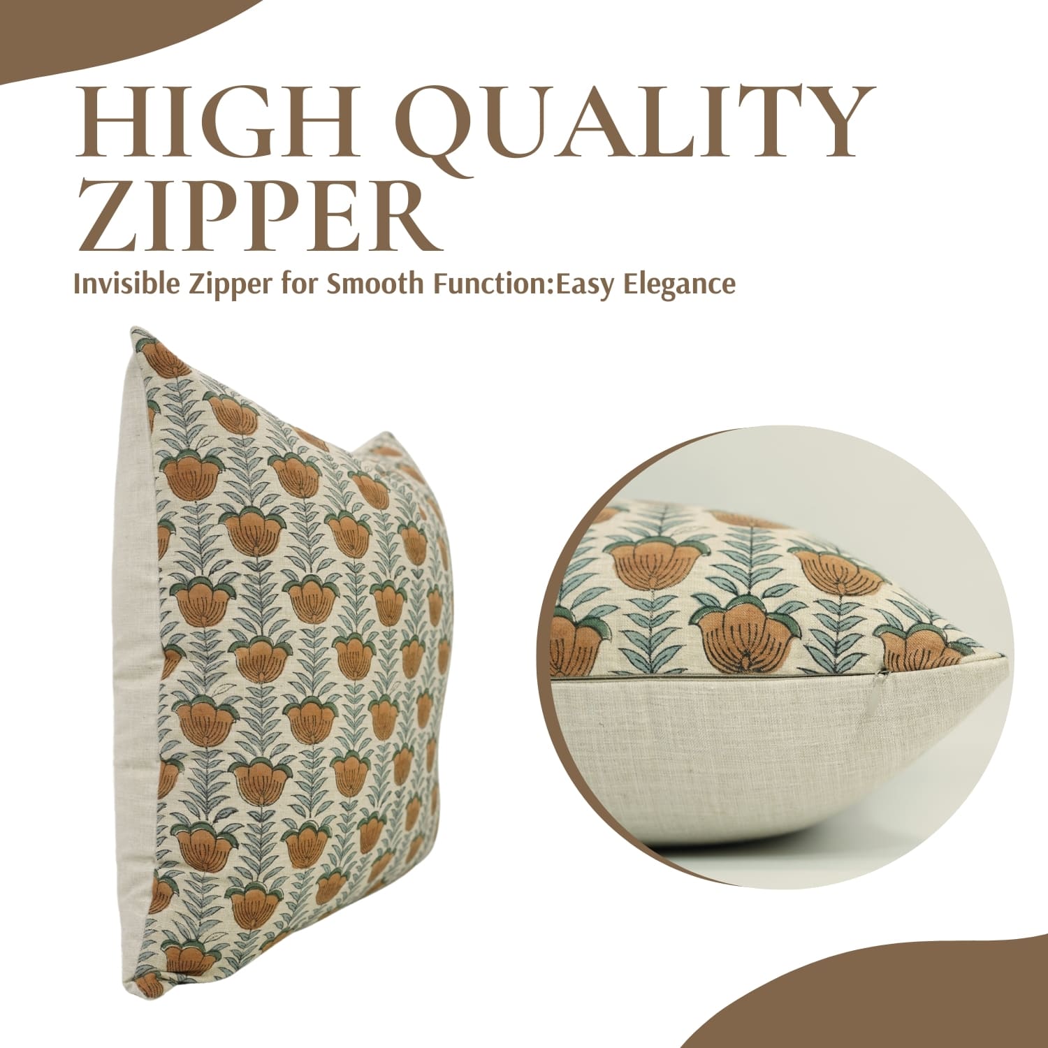 Handblock print Lotus cushion cover by Fab Divine, linen blend fabric