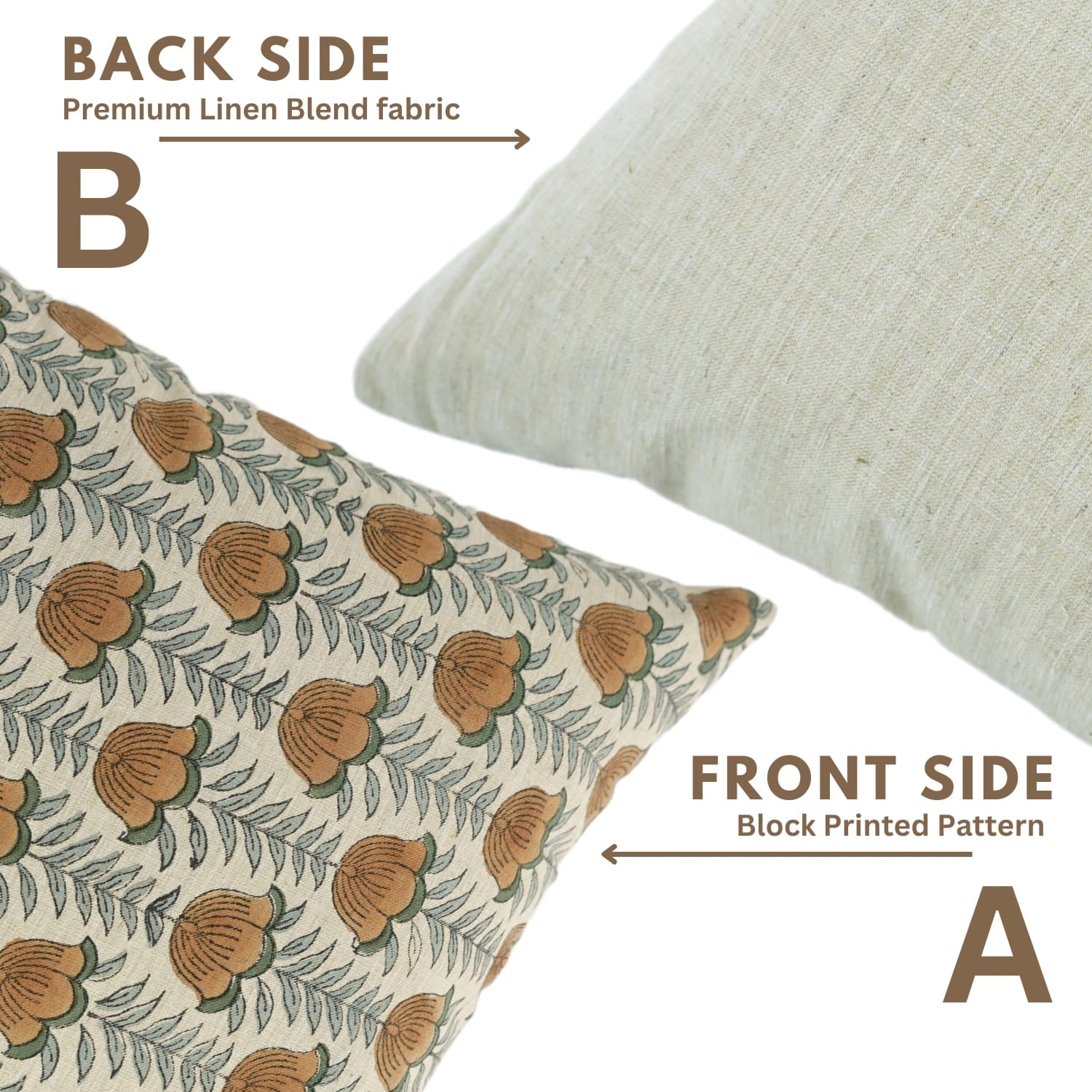 Fab Divine handblock print pillow cover in Lotus design, front and back view on linen blend fabric