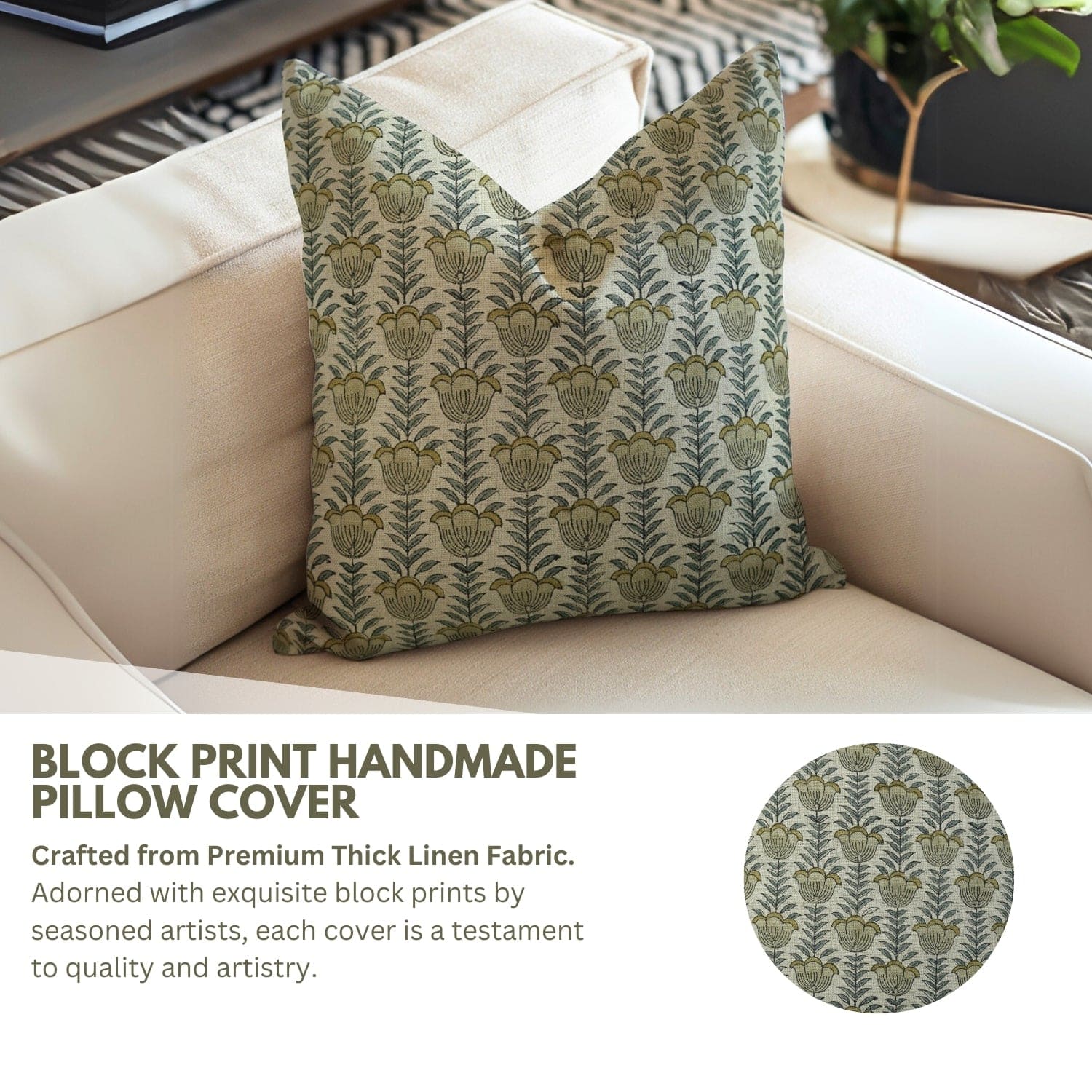 Block Printed Lotus Thick Linen Pillow Cover