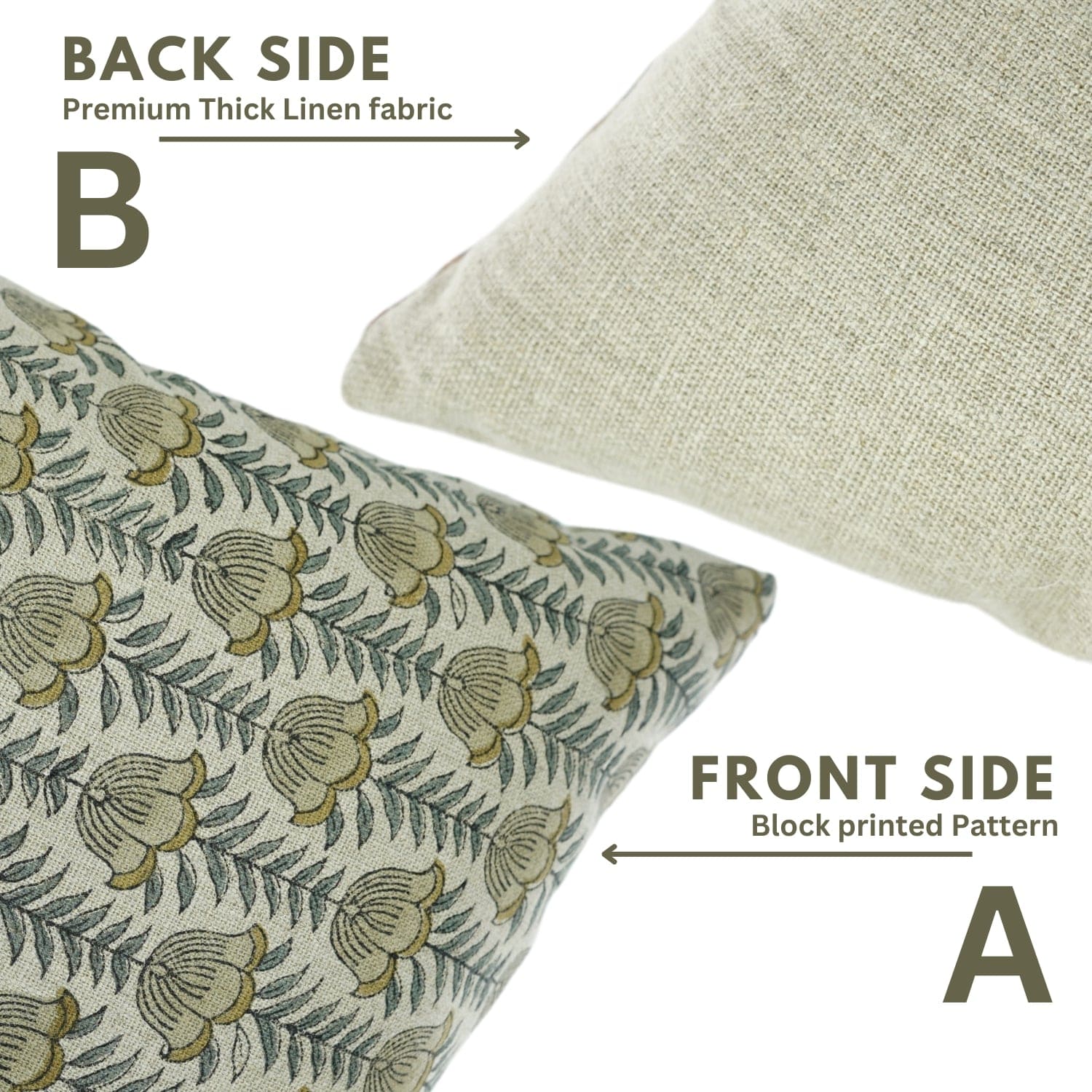 Block Printed Lotus Thick Linen Pillow Cover