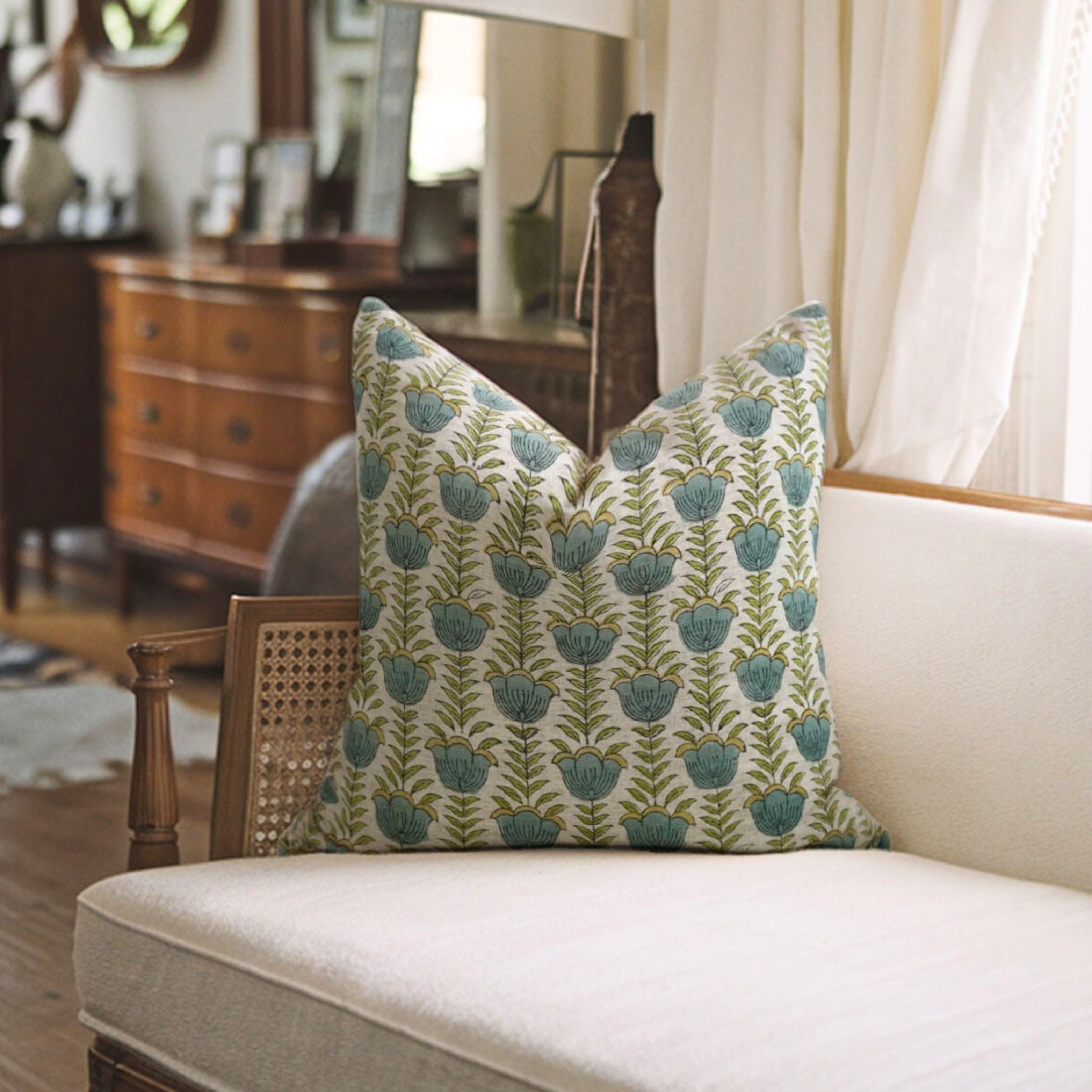 Floral Viscose Linen Block Print Throw Pillow Case Heritage Lotus
