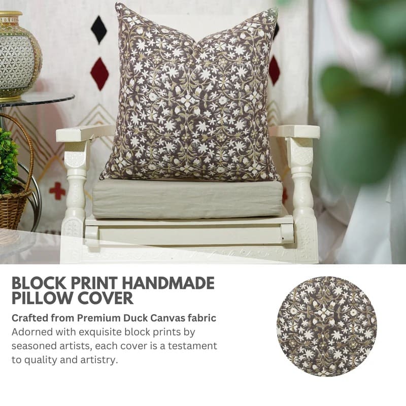 Block Print Green Floral Pillow Cover - Mahalakshmi
