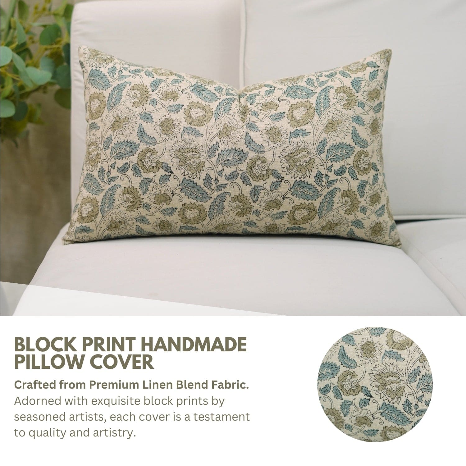 Light Blue Floral Linen blend Cushion - Mandakani