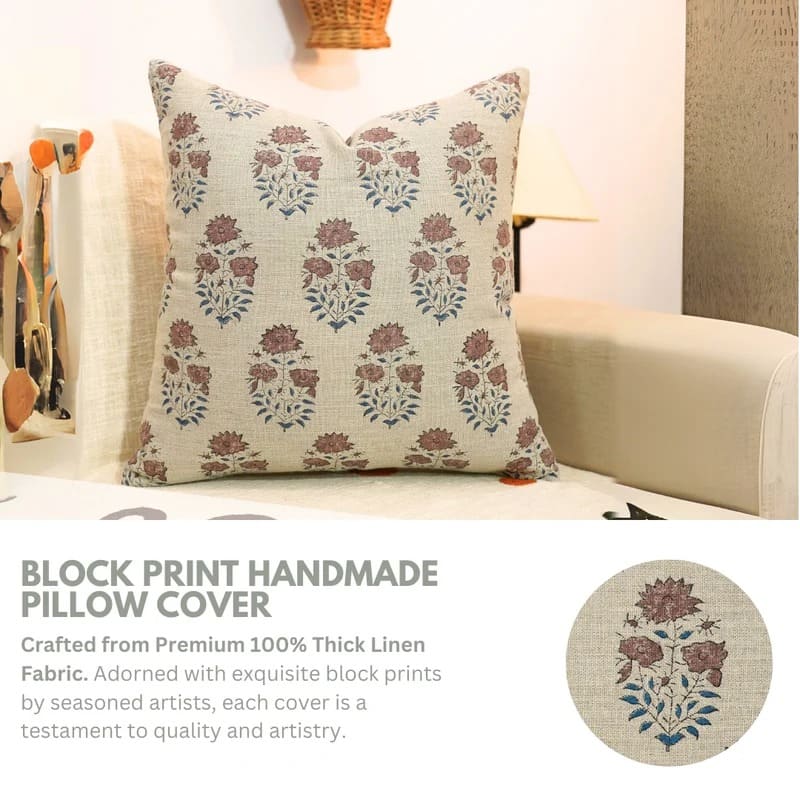 Block Printed Mayra Thick Linen Pillow Cover
