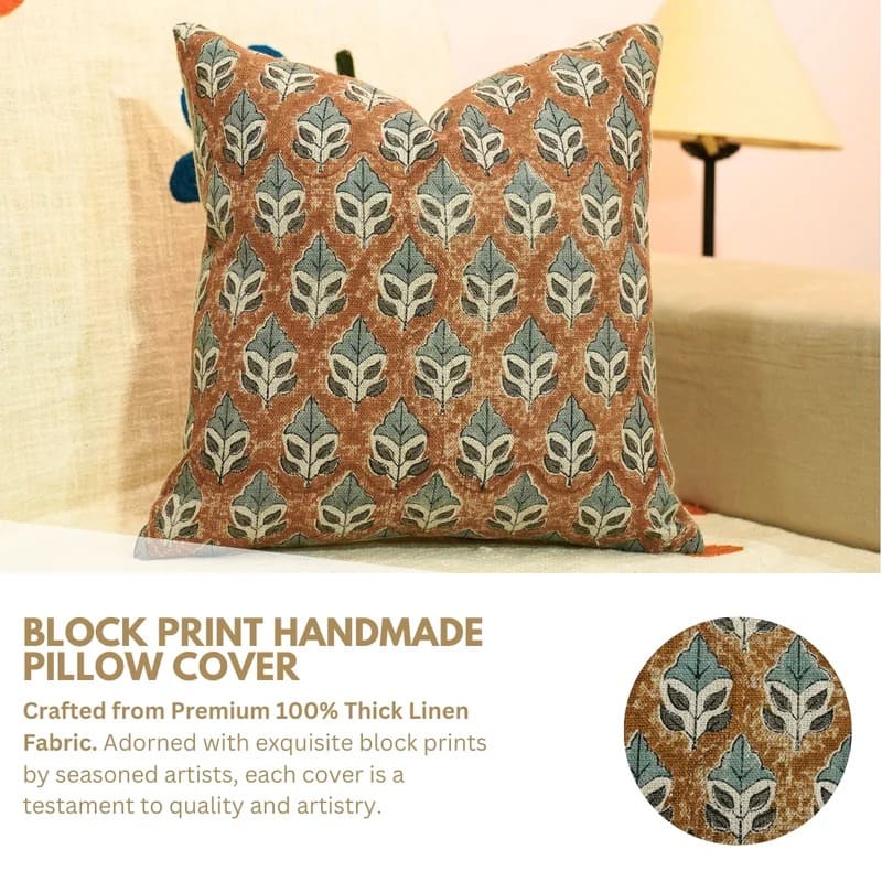 Colorful block print pillow cover for rustic home style