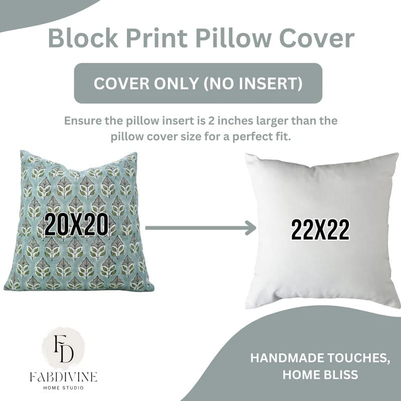 Pillow cover with block print design and measurements on a white background