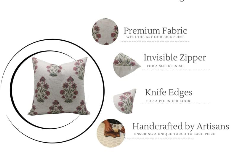 Linen Block Print Pink Floral Pillow - Mor Pankh