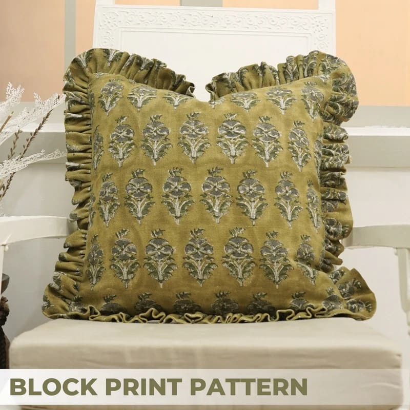 Handcrafted Green Linen Frill Throw Cover - Mormukut