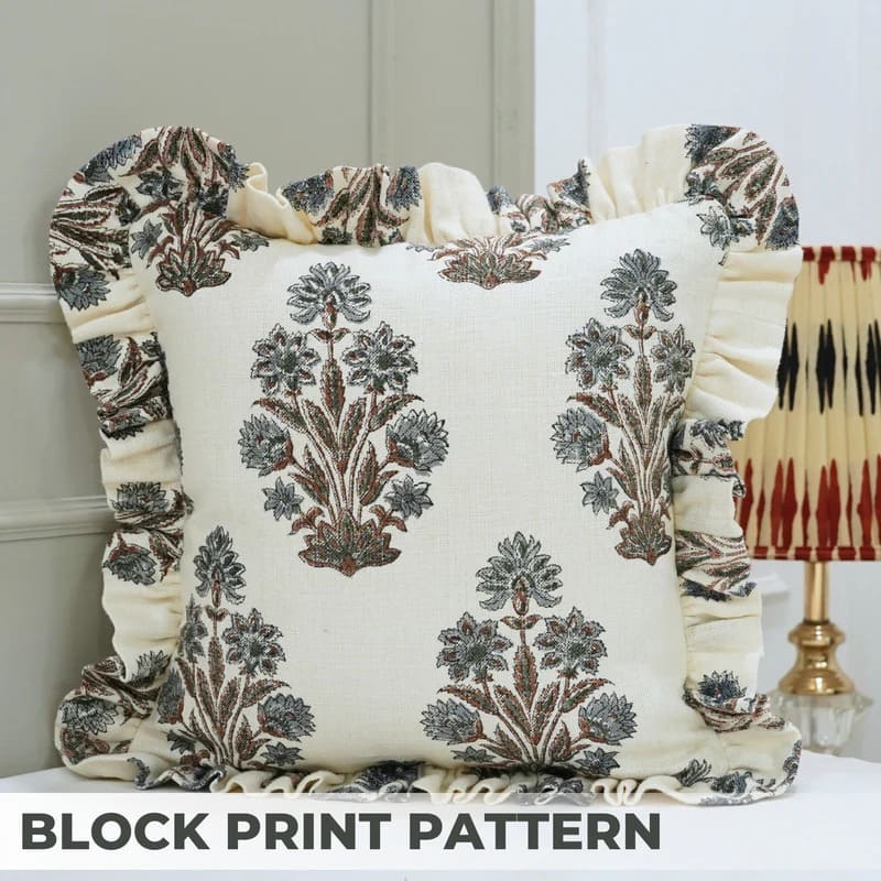 Handmade Gray Floral Linen Frill Throw Cover