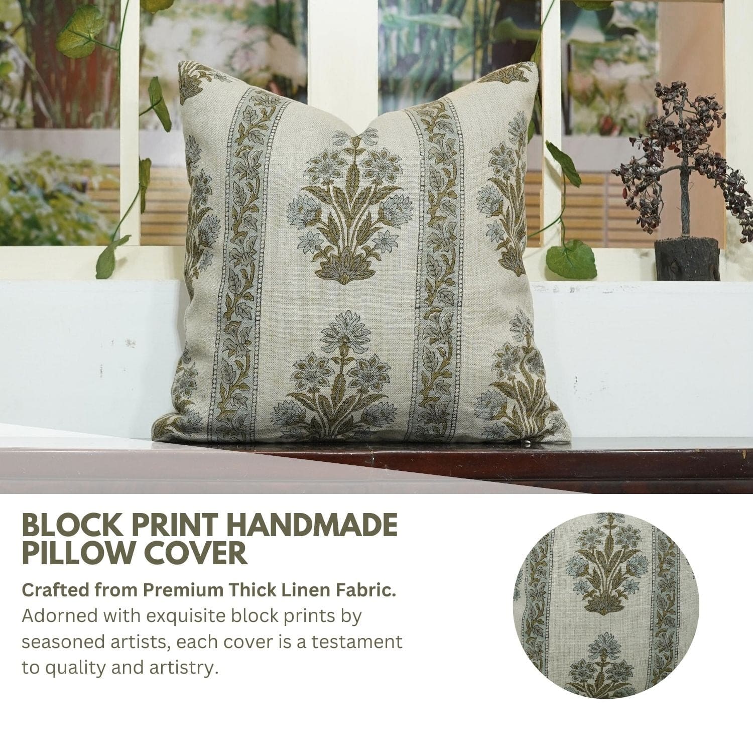 Handmade Morpankh Border Linen Pillow Cover