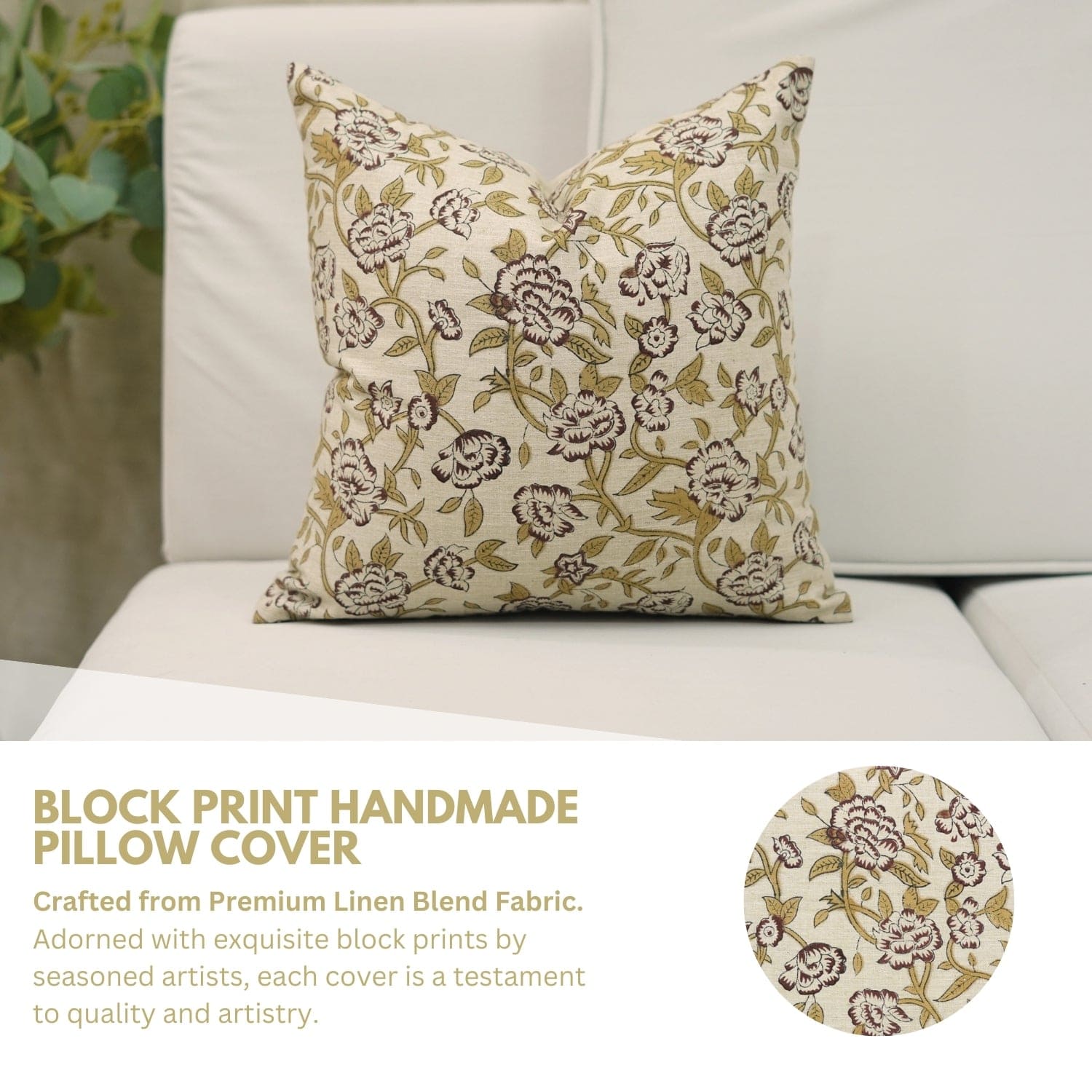 BLOCK PRINT hand block pillow cover in classic floral design

