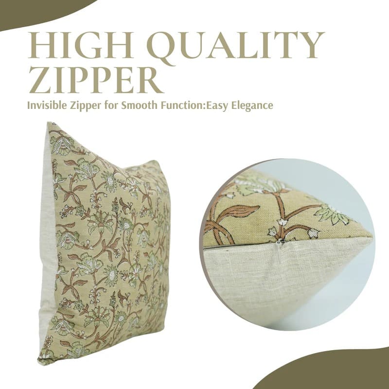 Indian Beige Floral Linen Pillow Cover - Naayab