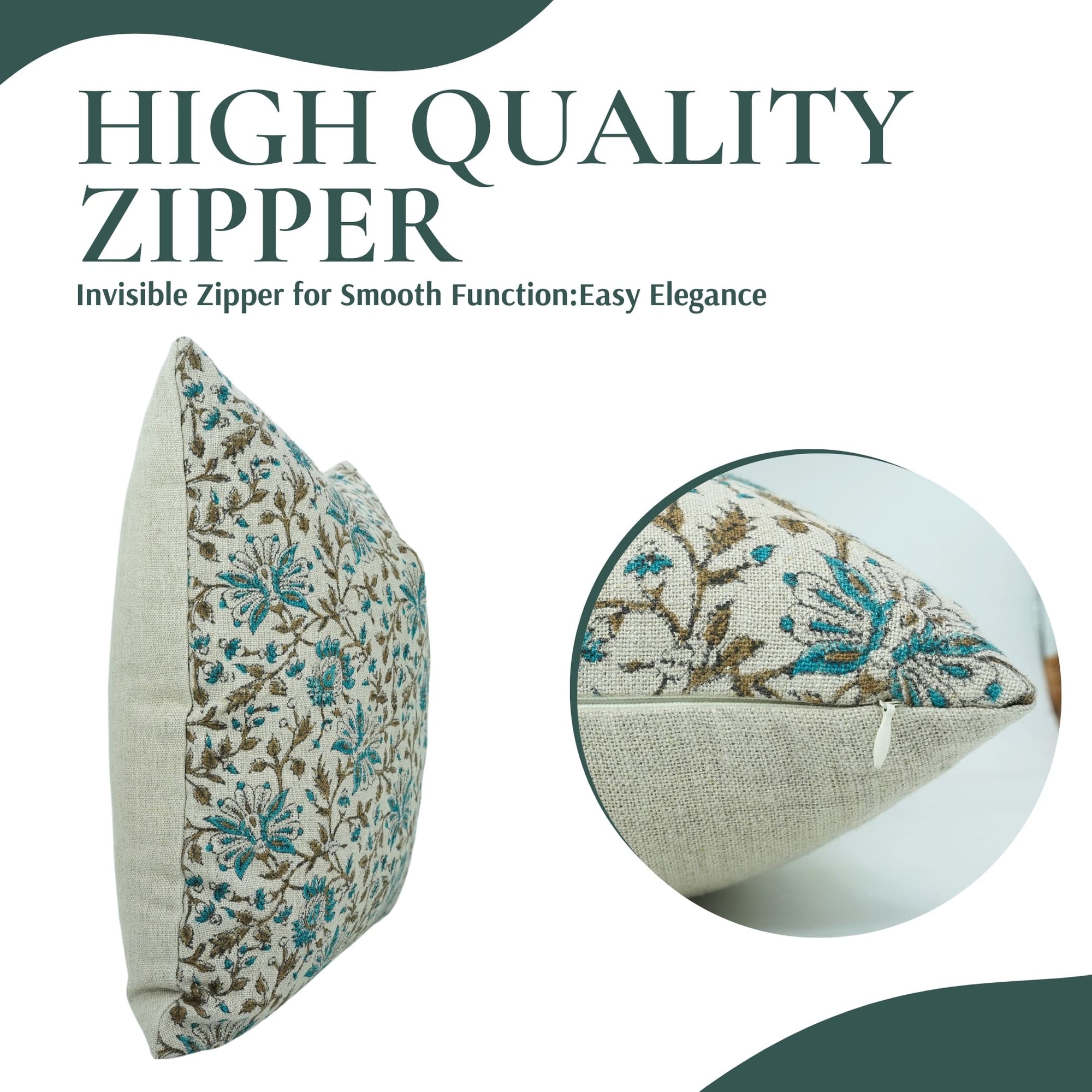 Decorative pillow with floral pattern and zipper, featuring text about high-quality zipper.
