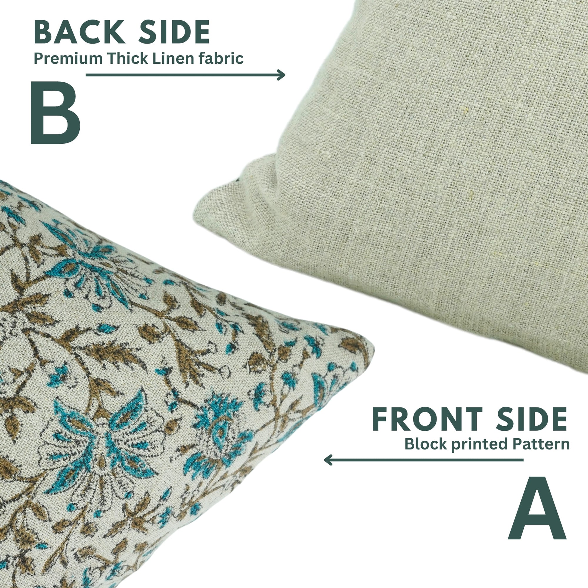 Two pillows showing front and back sides with text indicating fabric type and pattern.

