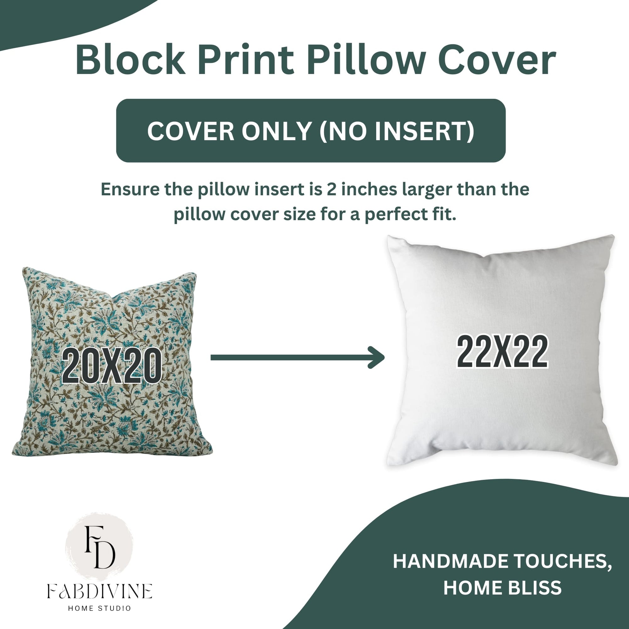 Block print pillow cover with size information and Fabdivine logo.