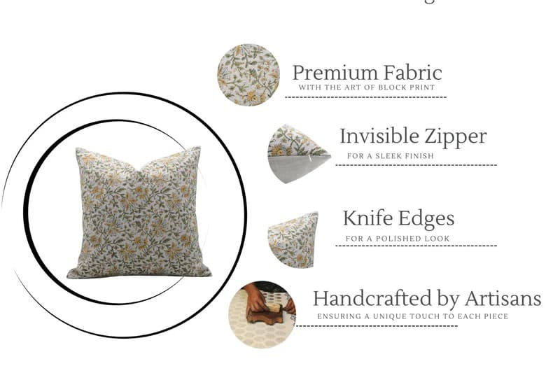 Decorative pillow with features listed 