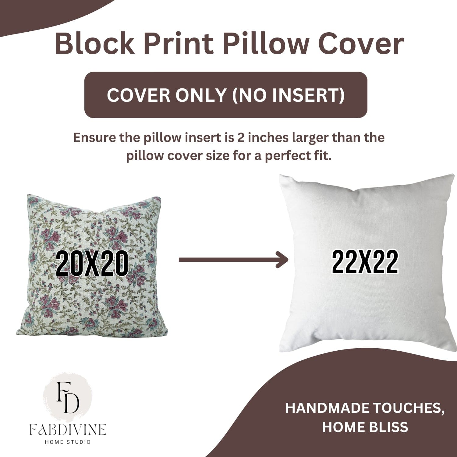 Block print pillow cover with size information and Fab Divine logo.