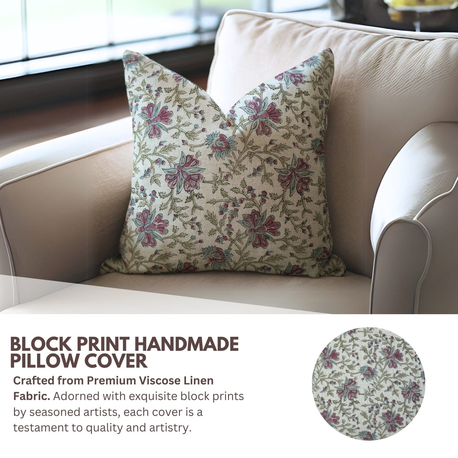 Floral block print pillow cover on a beige sofa 