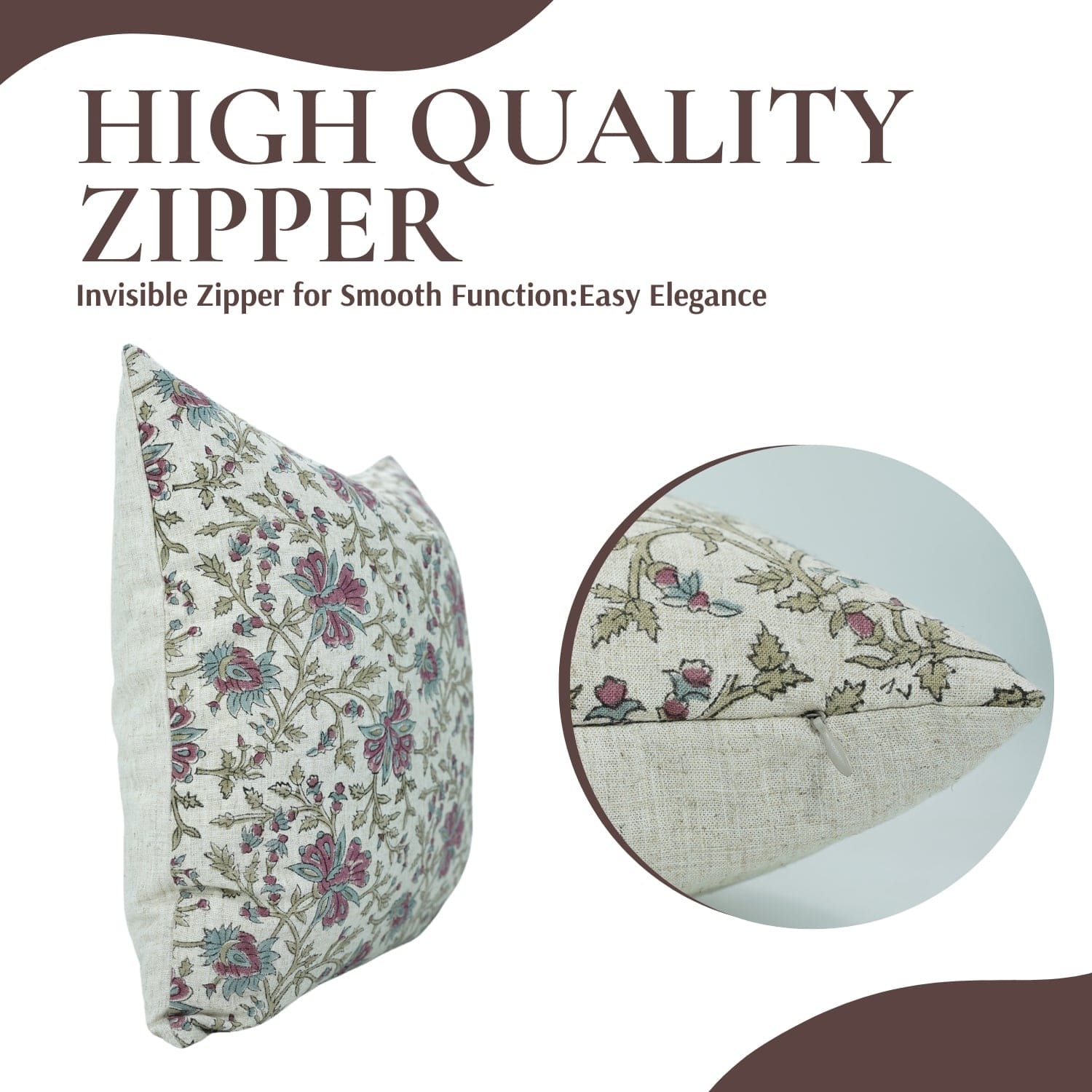 Floral patterned pillow with high quality invisible zipper 