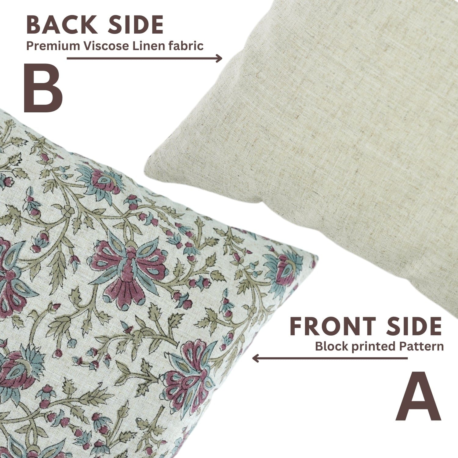 Two pillows showing front and back sides with floral pattern and plain fabric.