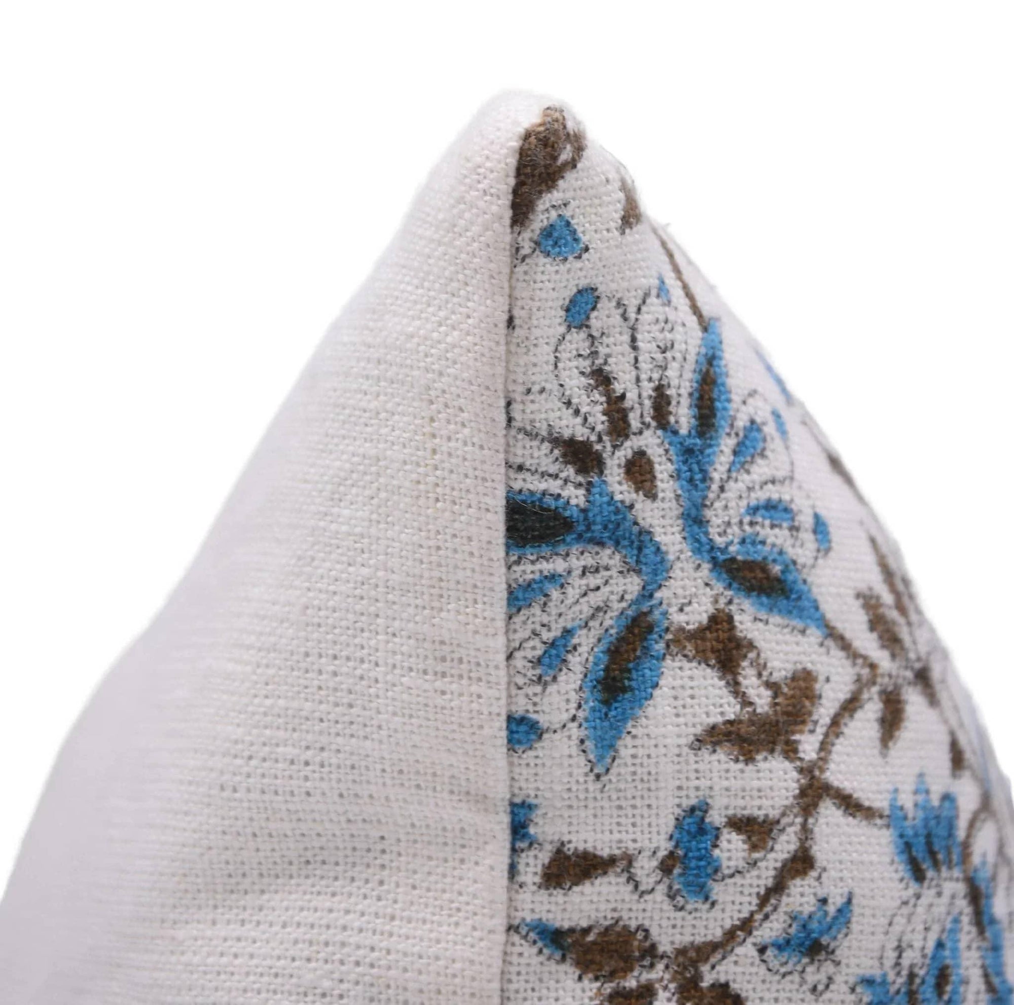 Two fabric triangles, one plain white and one with a floral pattern, on a white background.