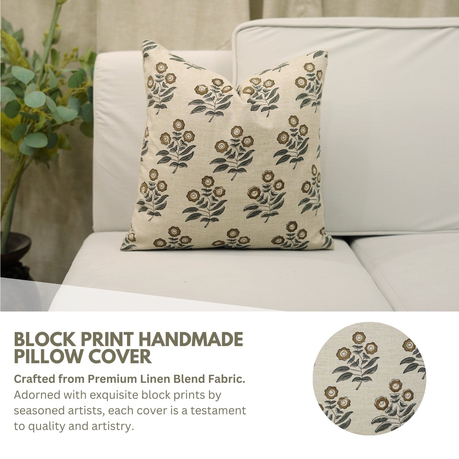 Artisan BLOCK PRINT pillow cover with intricate floral blocks