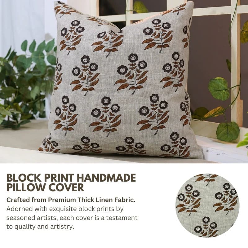 Handcrafted Floral Linen Cushion Cover - Neha