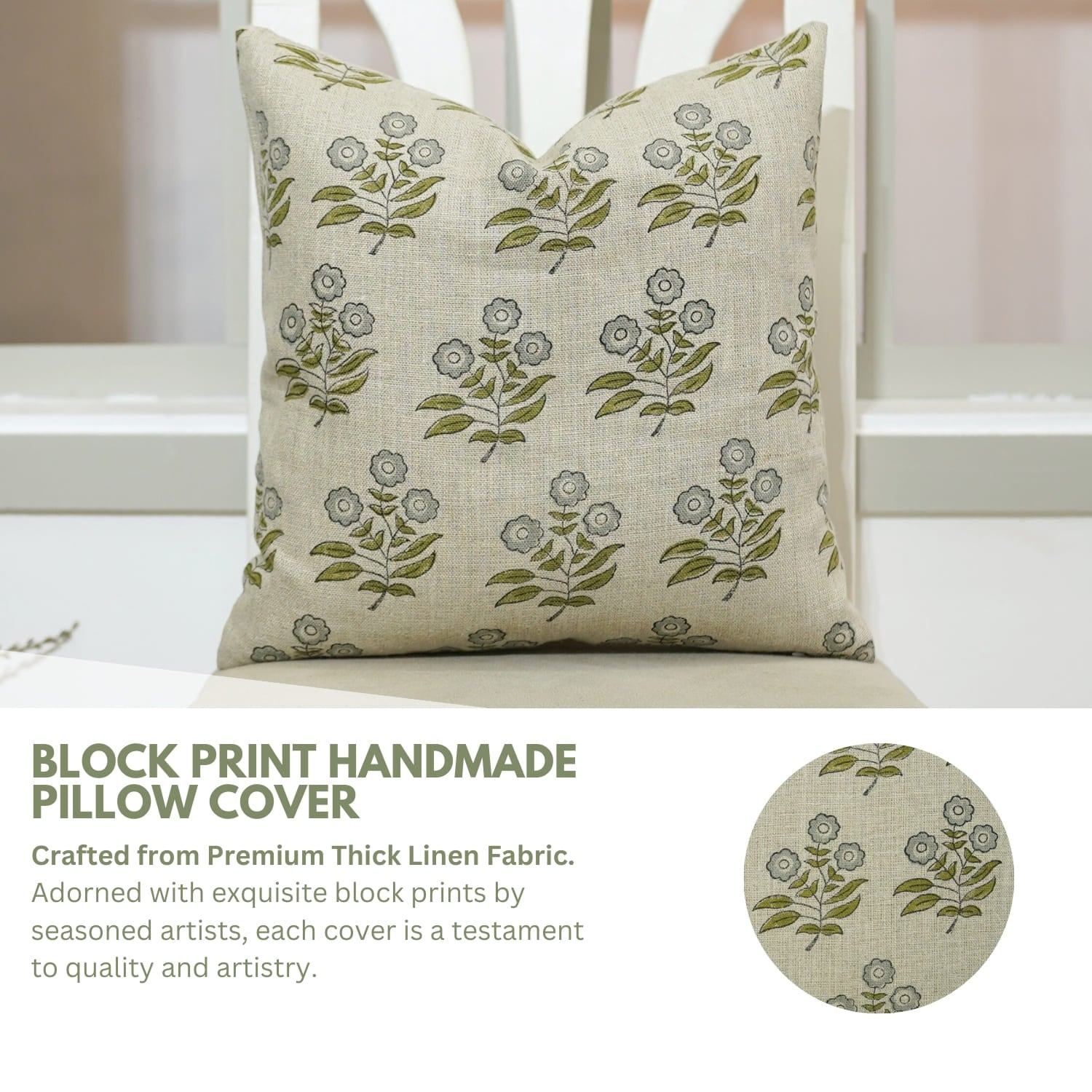 Floral patterned pillow cover on a white bench with text about the product.