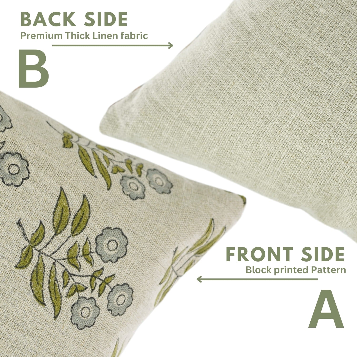 Two pillows showing front and back sides with floral patterns on a white background.